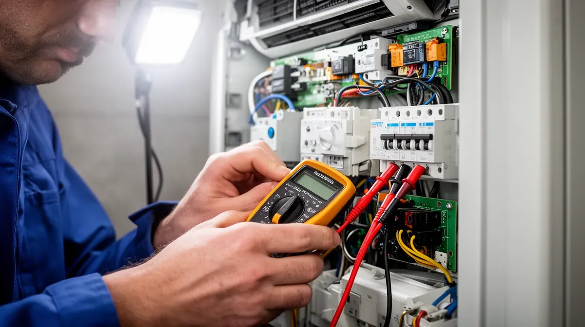 Technicien testant les connexions électriques d'une climatisation Hitachi avec un multimètre