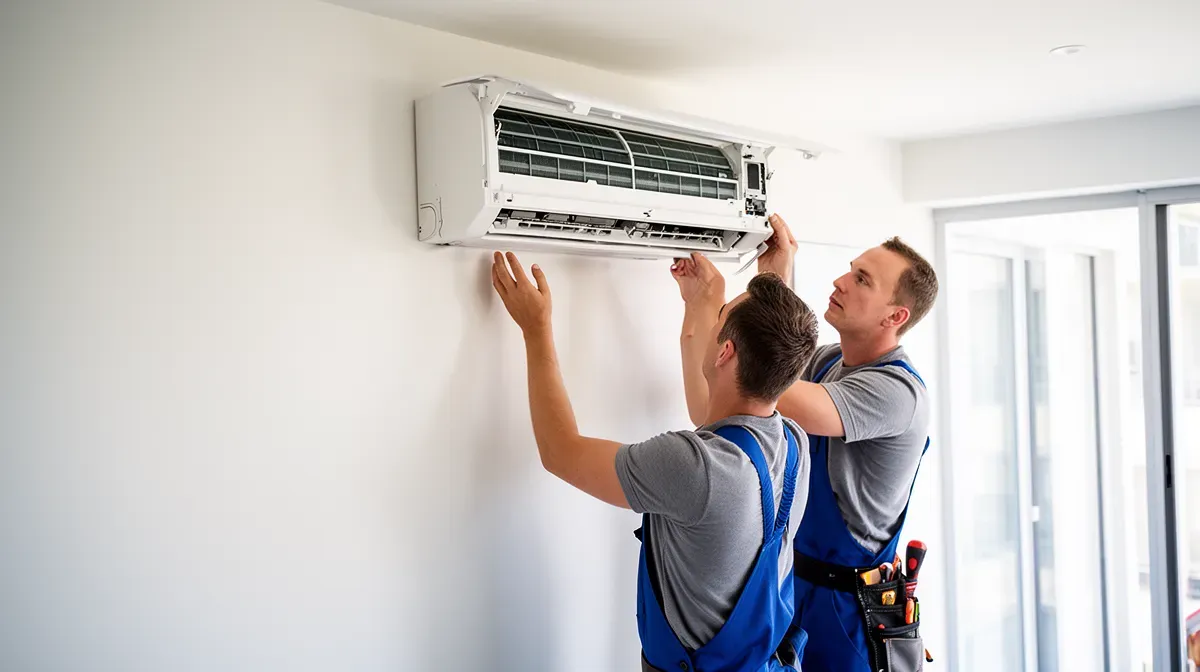 Installation d'une nouvelle climatisation Hitachi par un technicien dans une pièce lumineuse