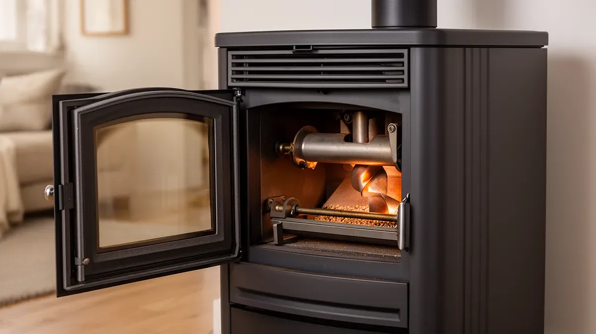 Vue interne d'un poêle à granulés avec la vis sans fin et la chambre de combustion