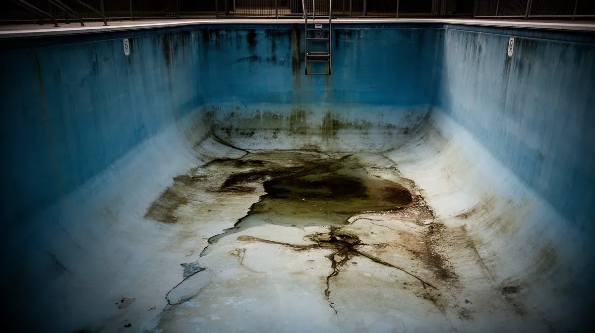 Vue de l'intérieur d'une piscine vide avec des traces d'humidité et des infiltrations d'eau