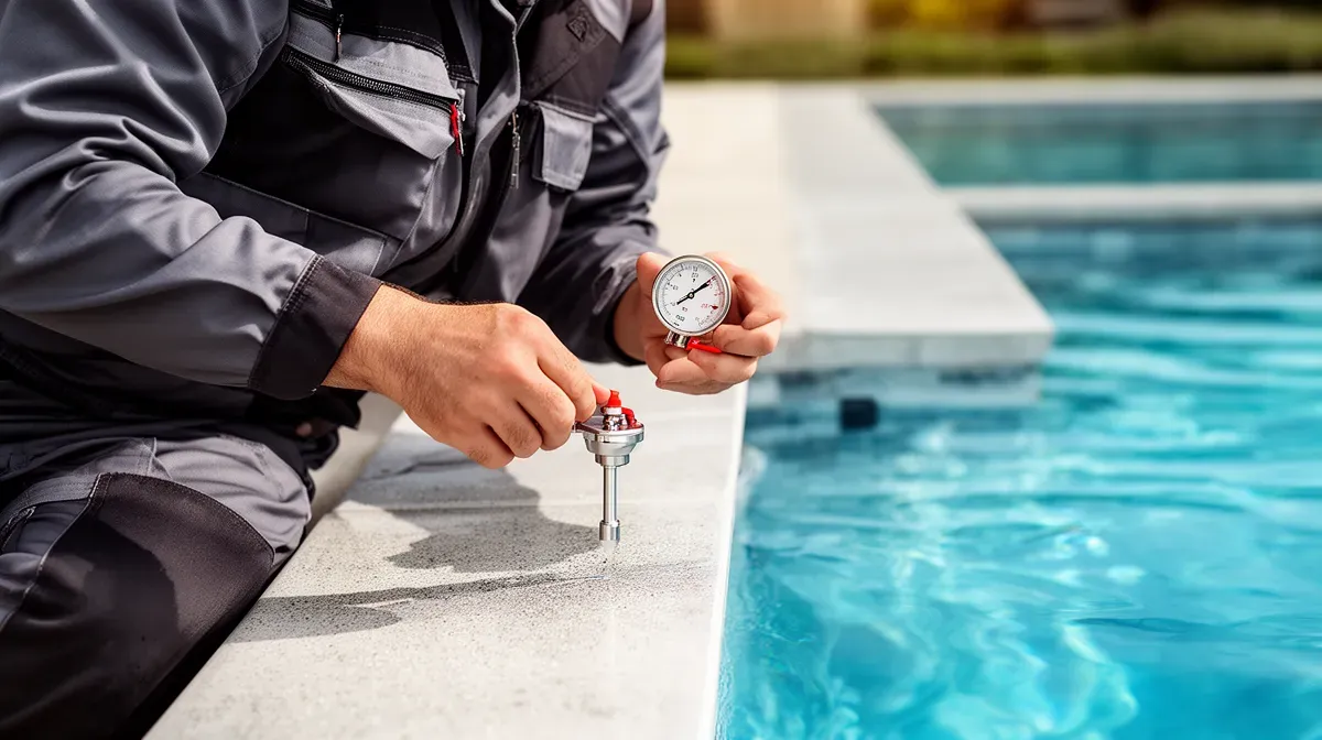 Personne vérifiant le niveau d'eau d'une piscine avec une jauge