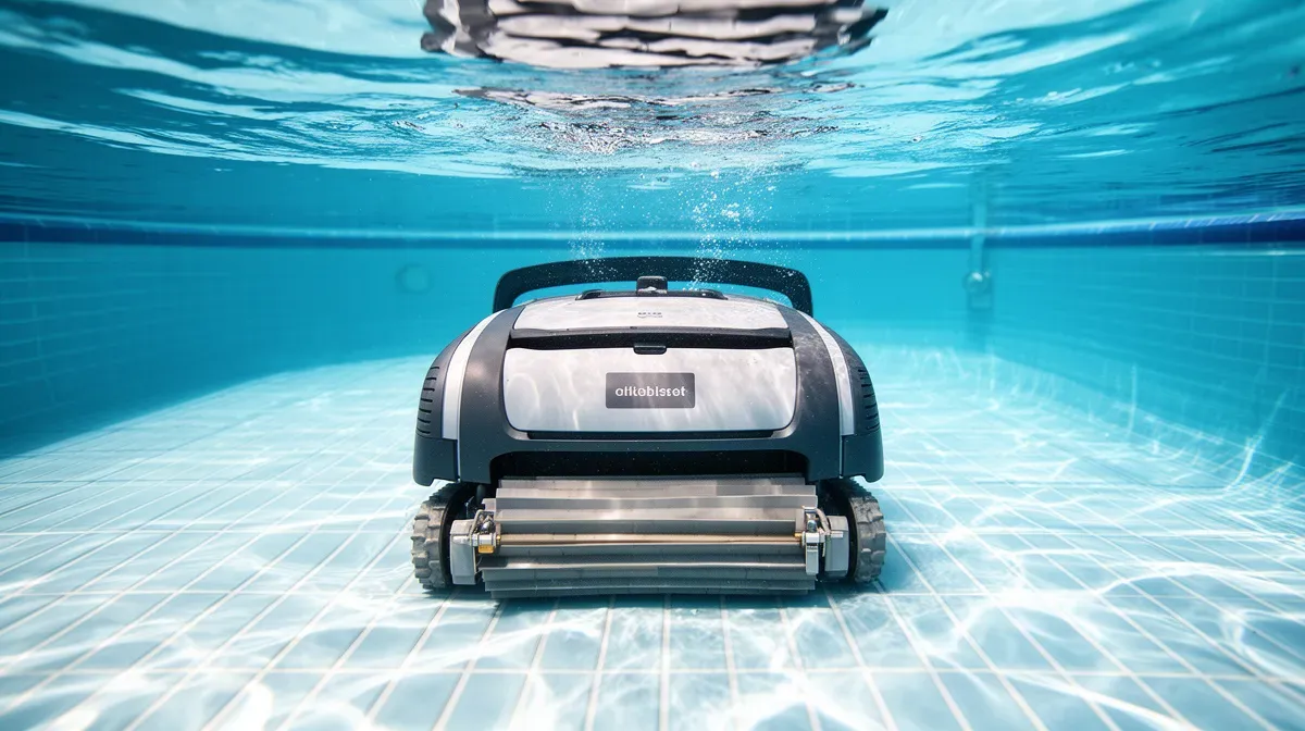 Robot de nettoyage de piscine en action sous l'eau, vue de dessus