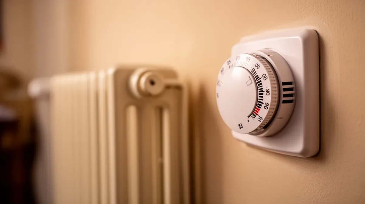 Gros plan sur un thermostat mural à côté d'un radiateur, réglage de la température