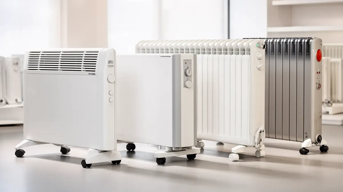 Différents types de radiateurs électriques alignés dans un showroom