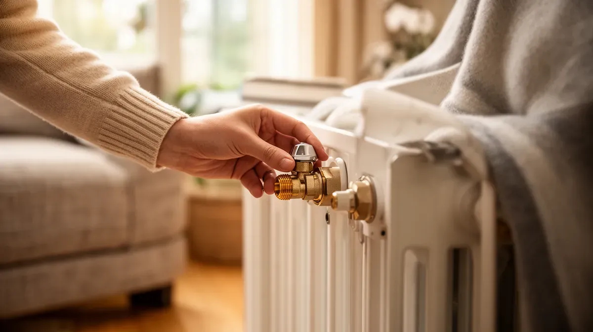 Personne ajustant le robinet d'un radiateur dans un salon chaleureux