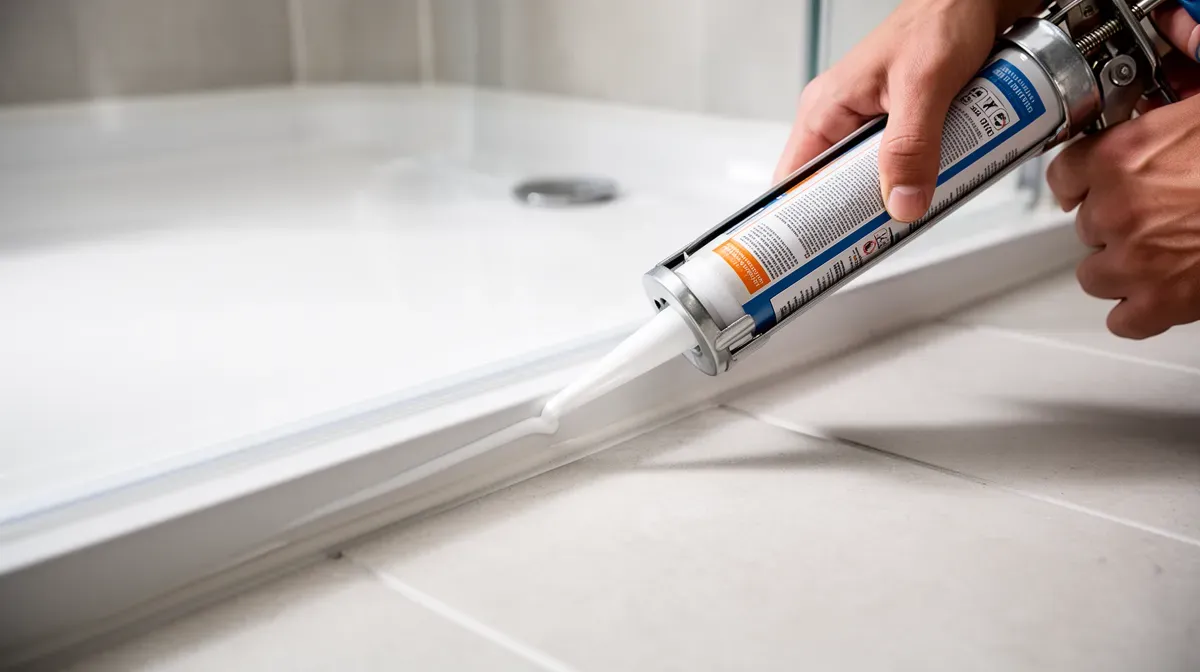 Application de silicone sanitaire dans l'espace entre un receveur de douche et le sol