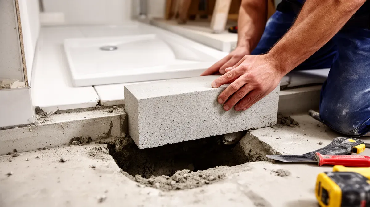 Comblement d'un espace de plus de 25 mm sous un receveur de douche avec du béton cellulaire