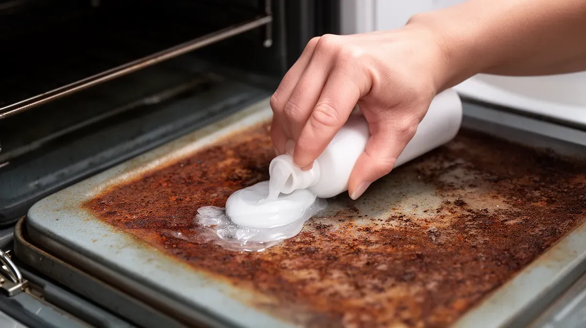 Gros plan sur une main appliquant du vinaigre blanc en gel sur une zone rouillée à l'intérieur d'un four