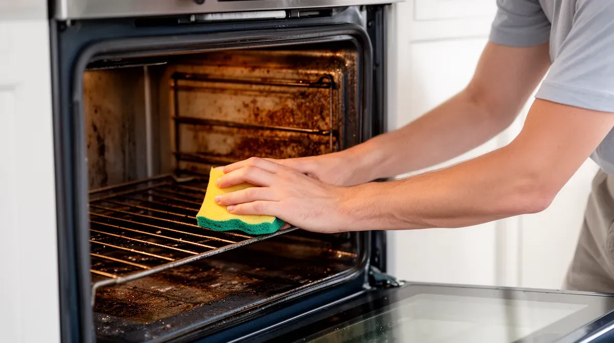 Personne frottant les traces de rouille dans un four avec une éponge non abrasive