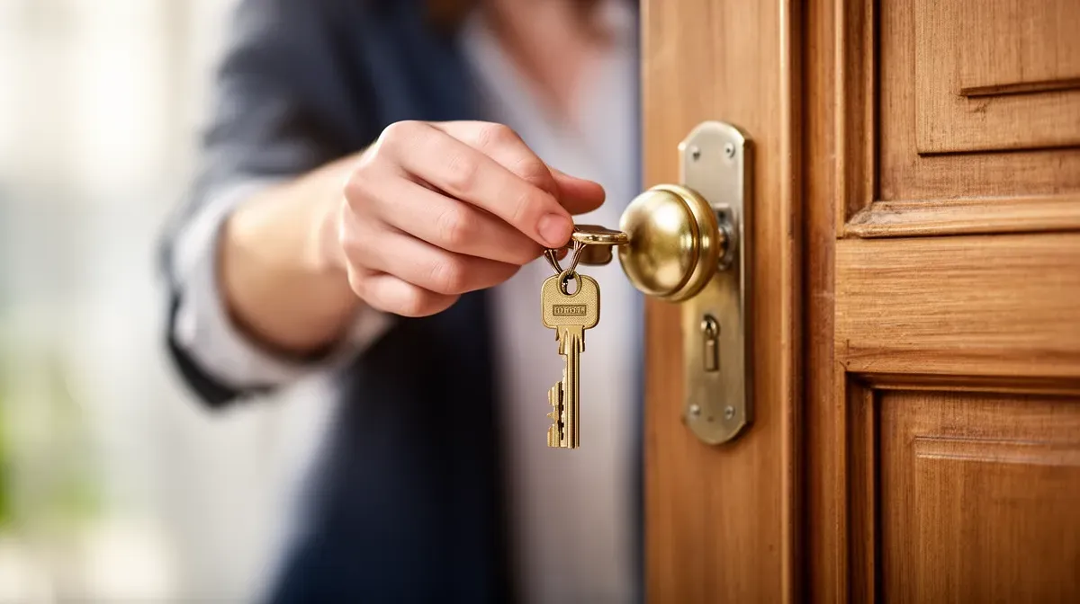 Main tenant une clé devant une porte, symbole d'espoir d'obtenir un logement