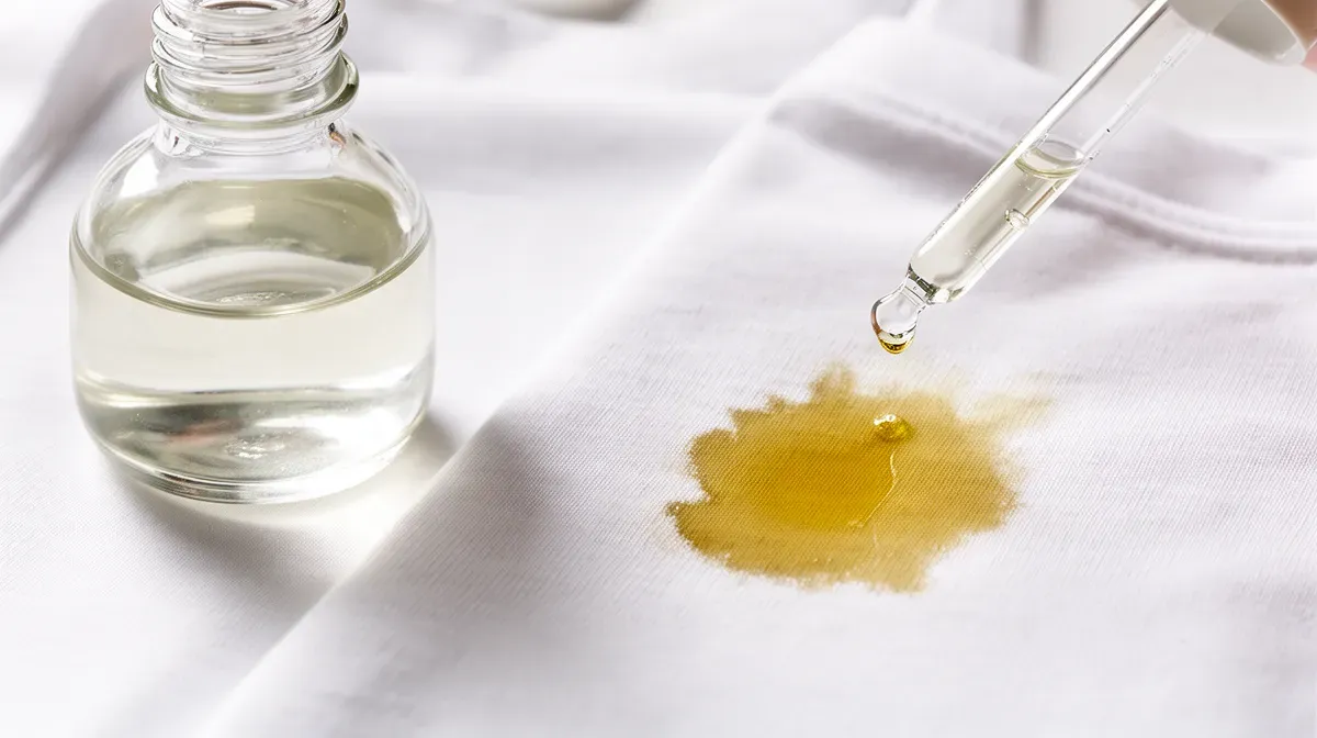 Bouteille d'eau écarlate moderne avec compte-gouttes appliquant le produit sur une tache d'huile sur tissu blanc