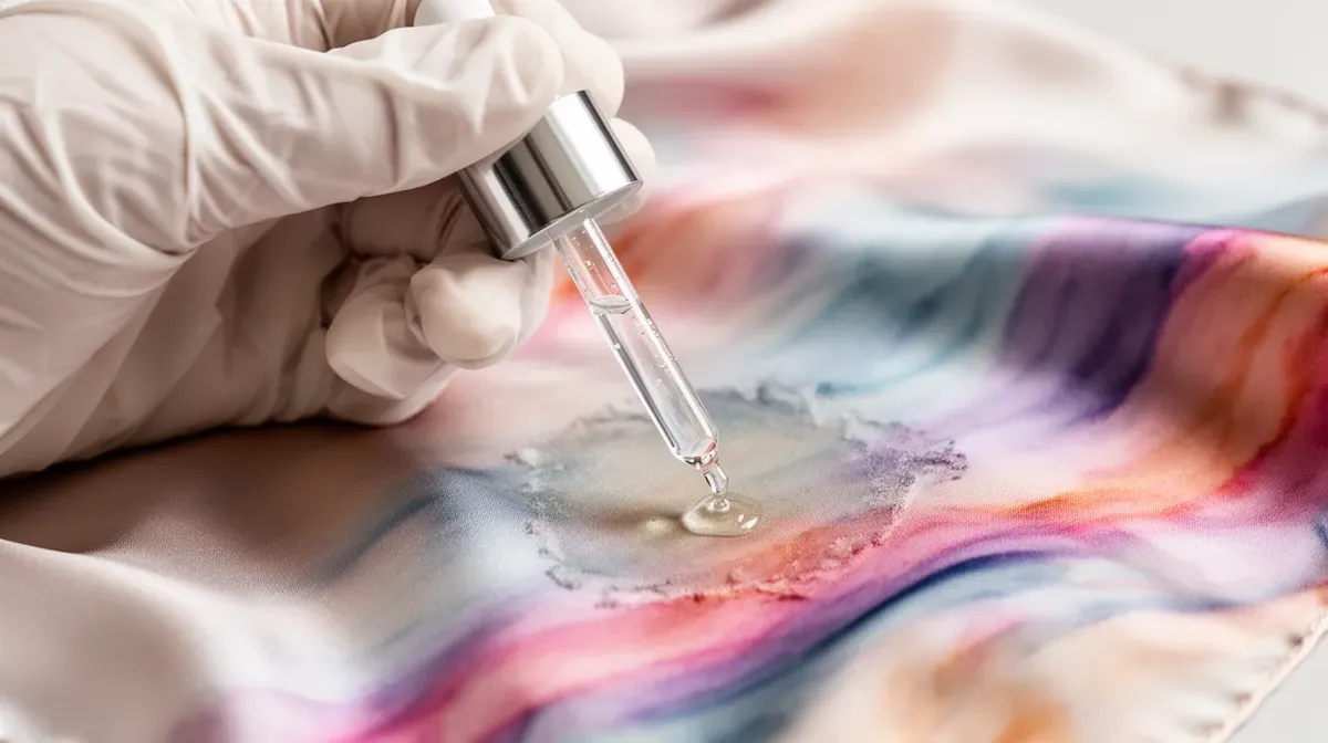 Gros plan sur l'application d'eau écarlate sur une tache de graisse sur un foulard en soie coloré
