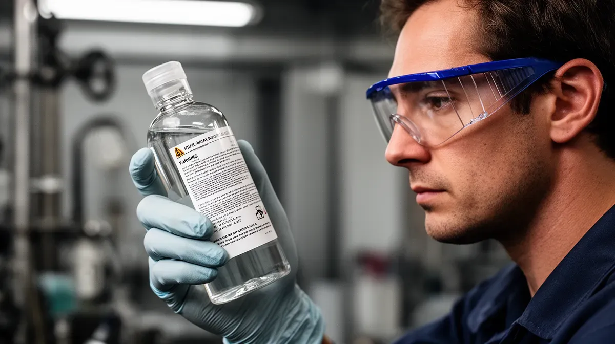 Personne équipée de gants et lunettes de protection manipulant une bouteille d'eau écarlate avec une étiquette d'avertissement