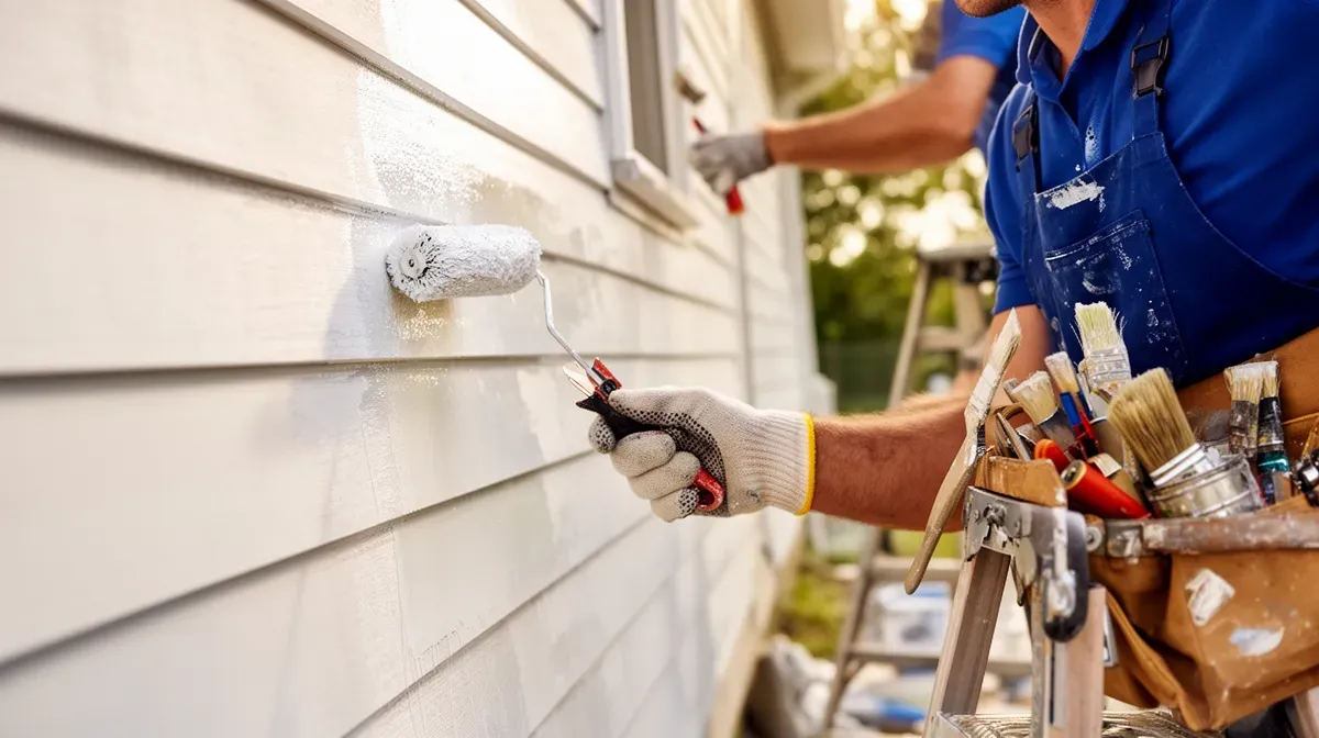 Peintre en train d'appliquer de la peinture sur une façade de maison avec un rouleau