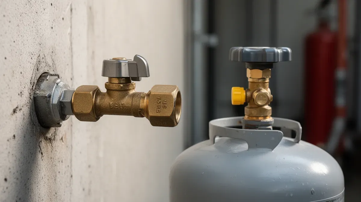 Gros plan comparatif entre un raccordement de gaz de ville mural et une bouteille de gaz avec détendeur