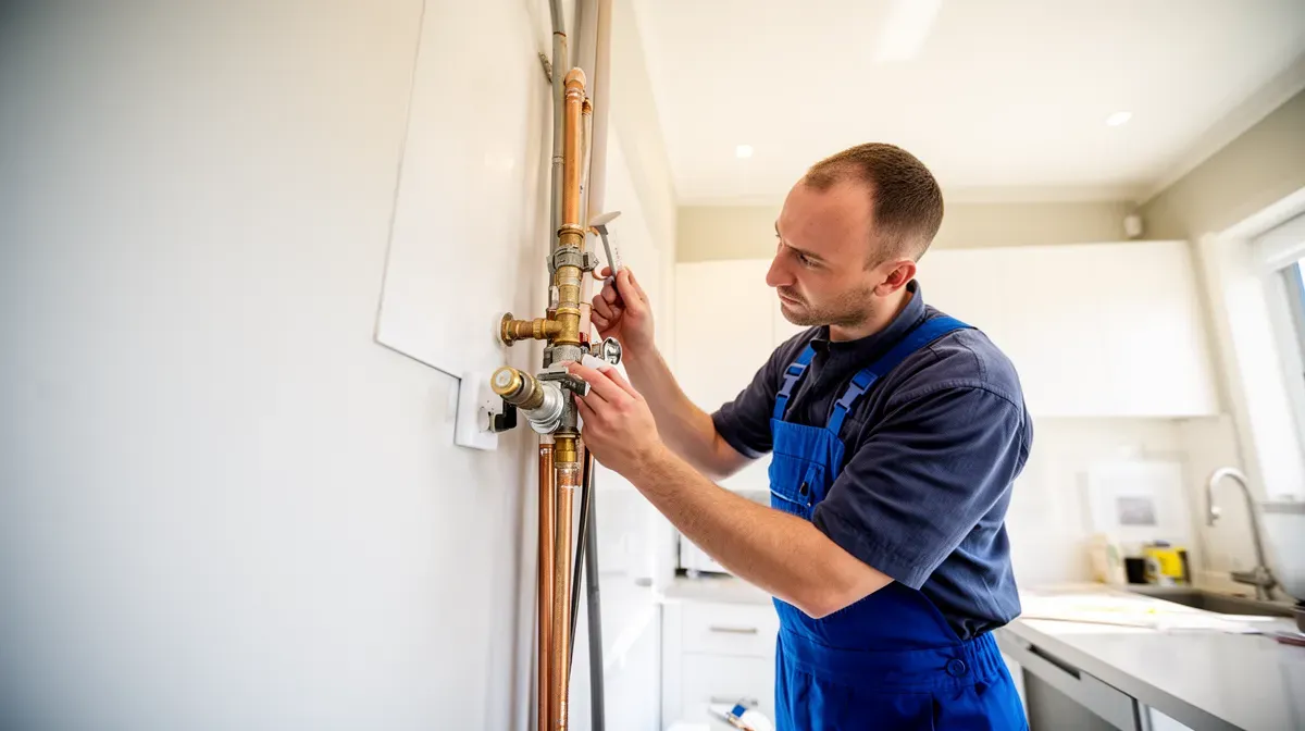 Technicien installant un raccordement de gaz de ville dans une cuisine moderne