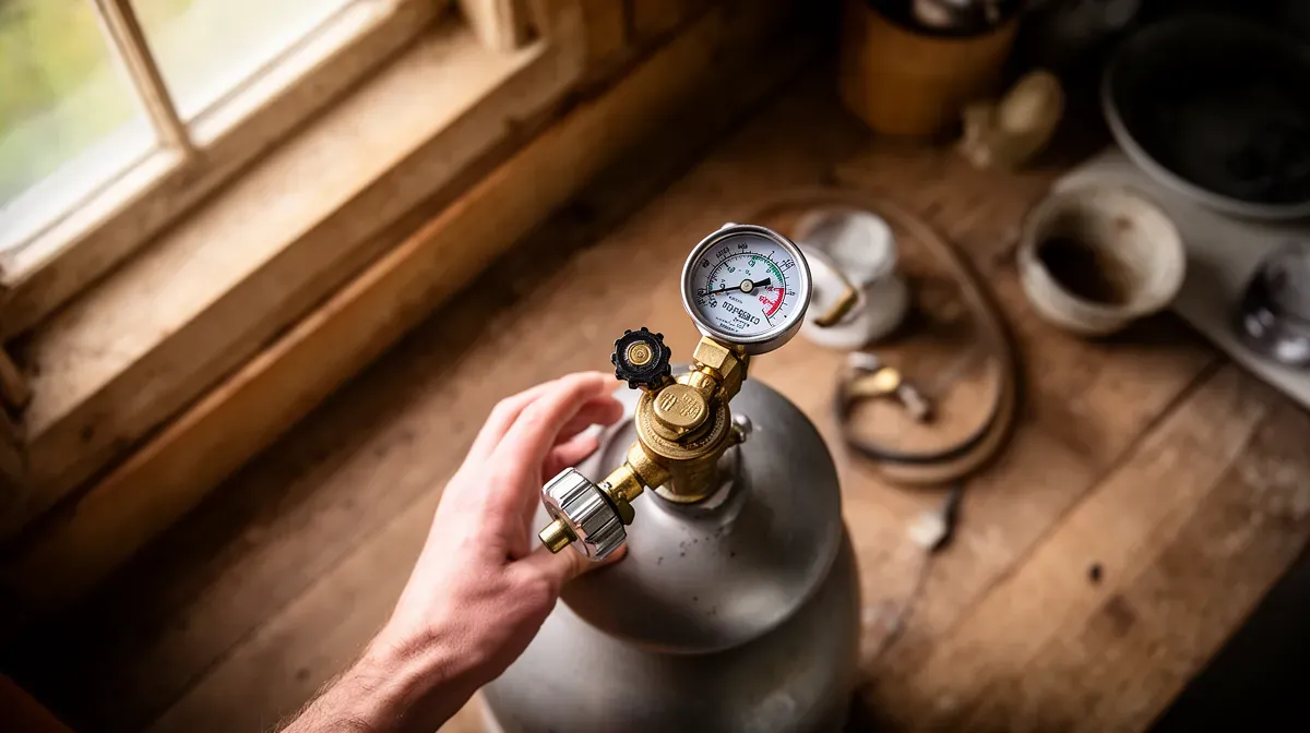 Main tenant la valve d'une bouteille de gaz avec manomètre, vue de dessus
