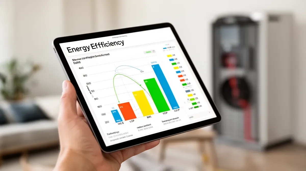 Tableau de performance énergétique sur tablette avec pompe à chaleur en arrière-plan