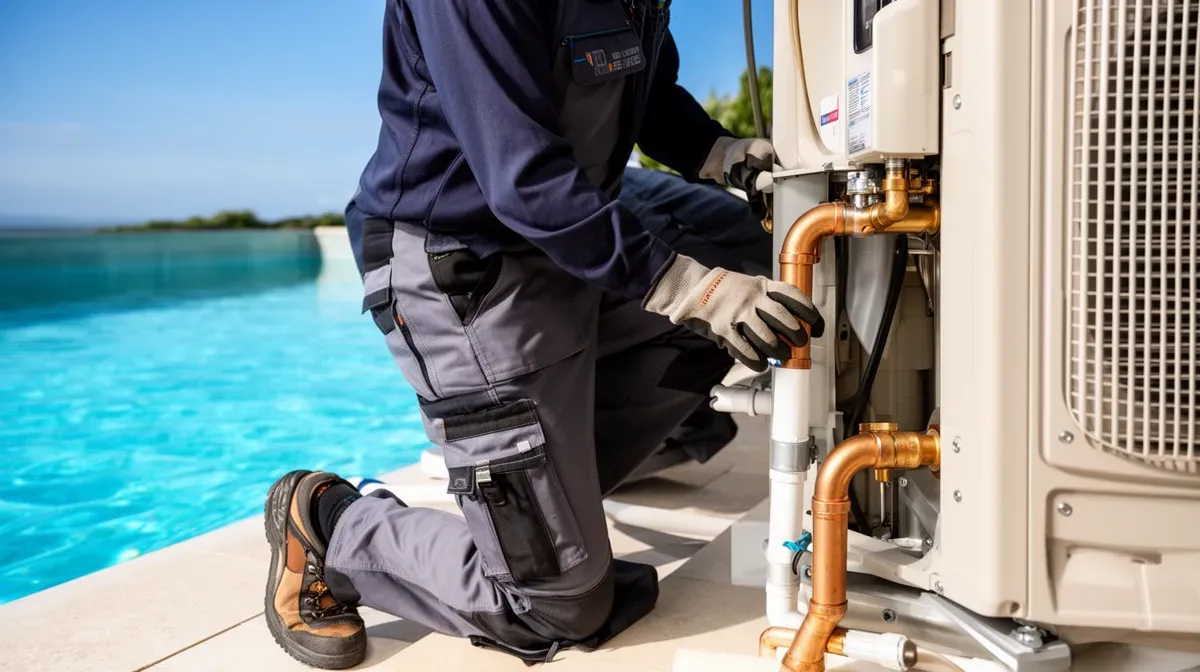Installation d'une pompe à chaleur de piscine par un technicien