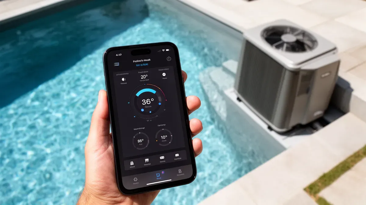 Application mobile de contrôle de la pompe à chaleur avec piscine en arrière-plan