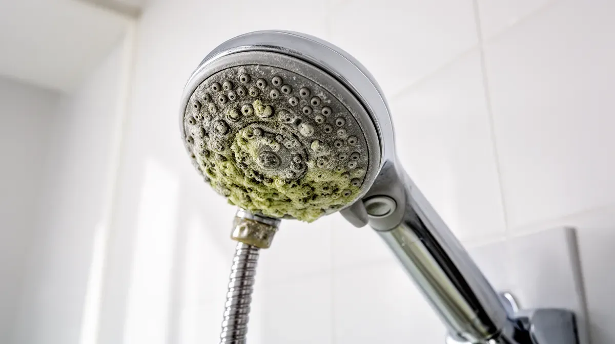 Gros plan sur un pommeau de douche entartré détaché de son flexible