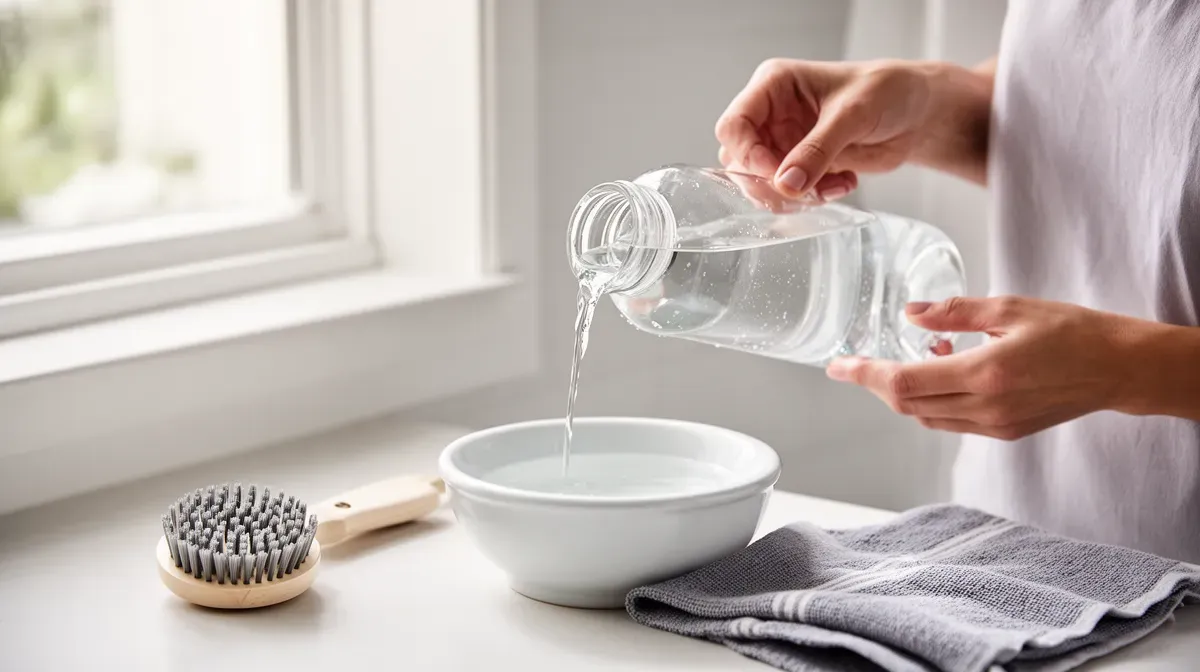 Personne détartrant un pommeau de douche avec du vinaigre blanc dans une bassine