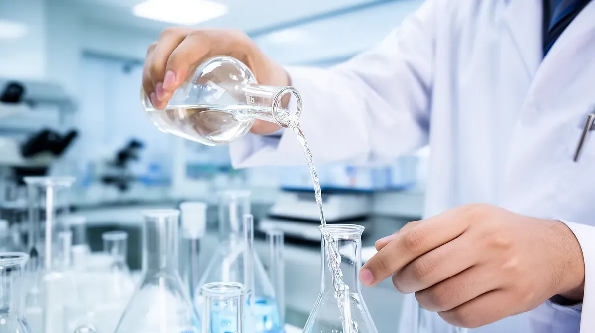 Chimiste en laboratoire manipulant des solvants lors de la reformulation d'un détachant
