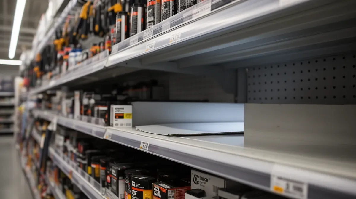 Rayon de magasin de bricolage avec un emplacement vide, illustrant la rupture de stock