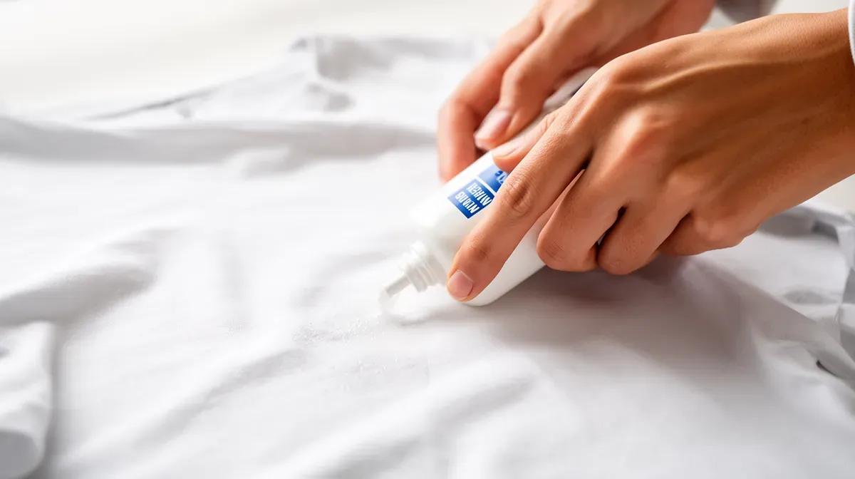 Mains appliquant un détachant sur un tissu blanc pour enlever une tache