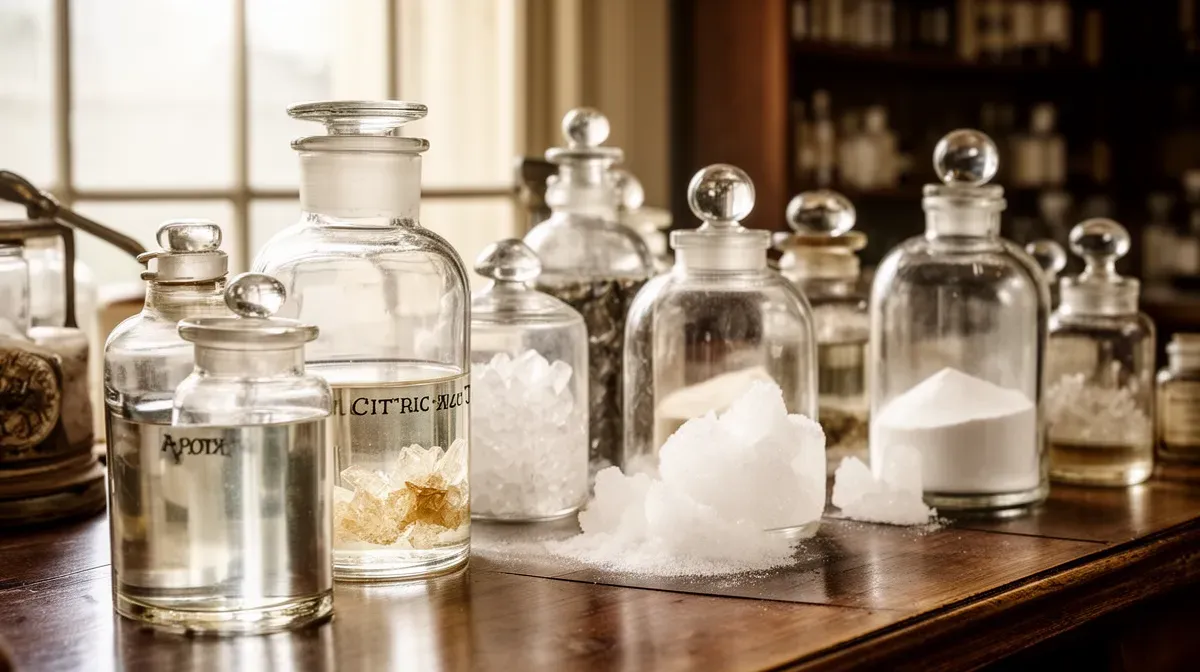 Scène d'apothicaire du XIXe siècle avec des ingrédients naturels de la formule historique de l'eau écarlate