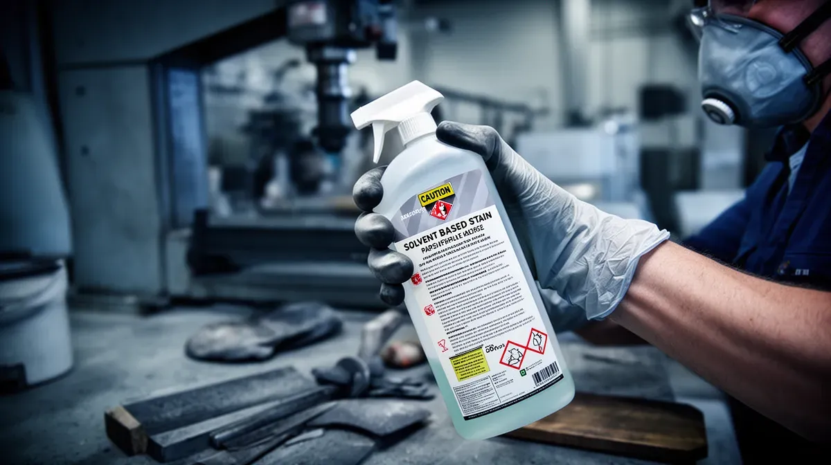 Personne avec équipement de protection manipulant un détachant à base de solvants