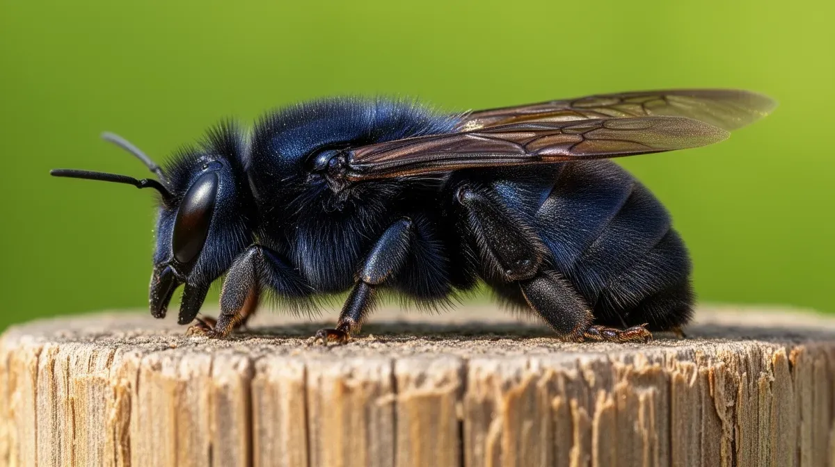 Gros plan sur un xylocope posé sur une poutre en bois