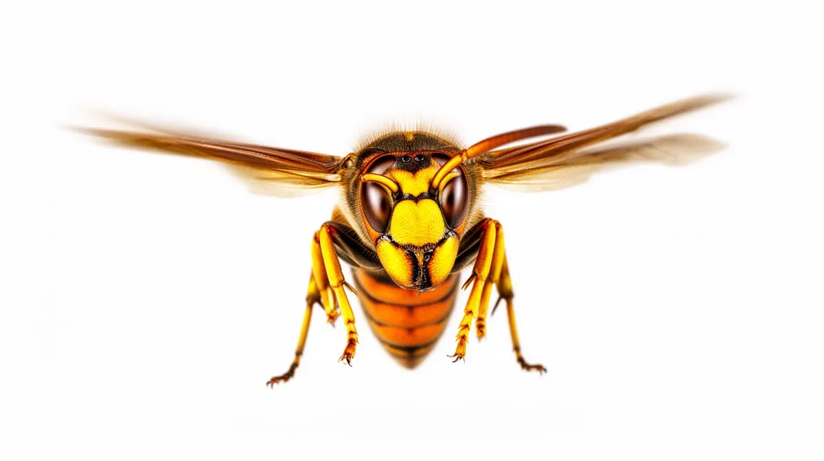 Frelon asiatique en vol, vue de face, sur fond blanc, montrant ses pattes jaunes et sa bande orangée