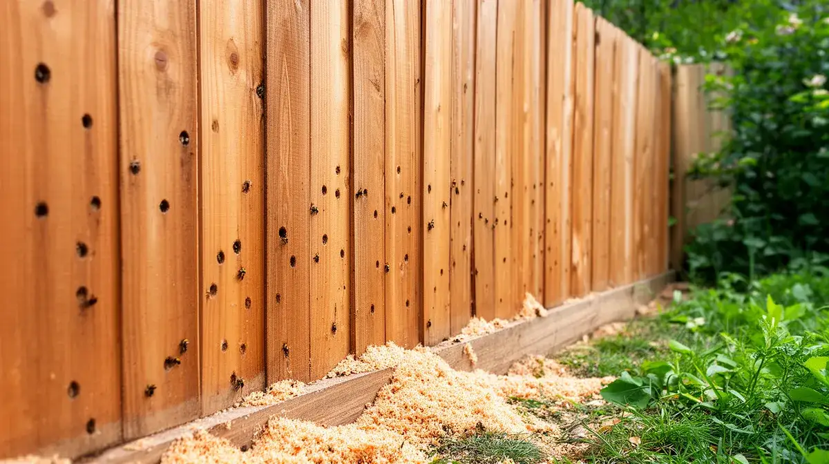 Clôture en bois avec des petits trous et de la sciure au sol, signes de présence de xylocopes