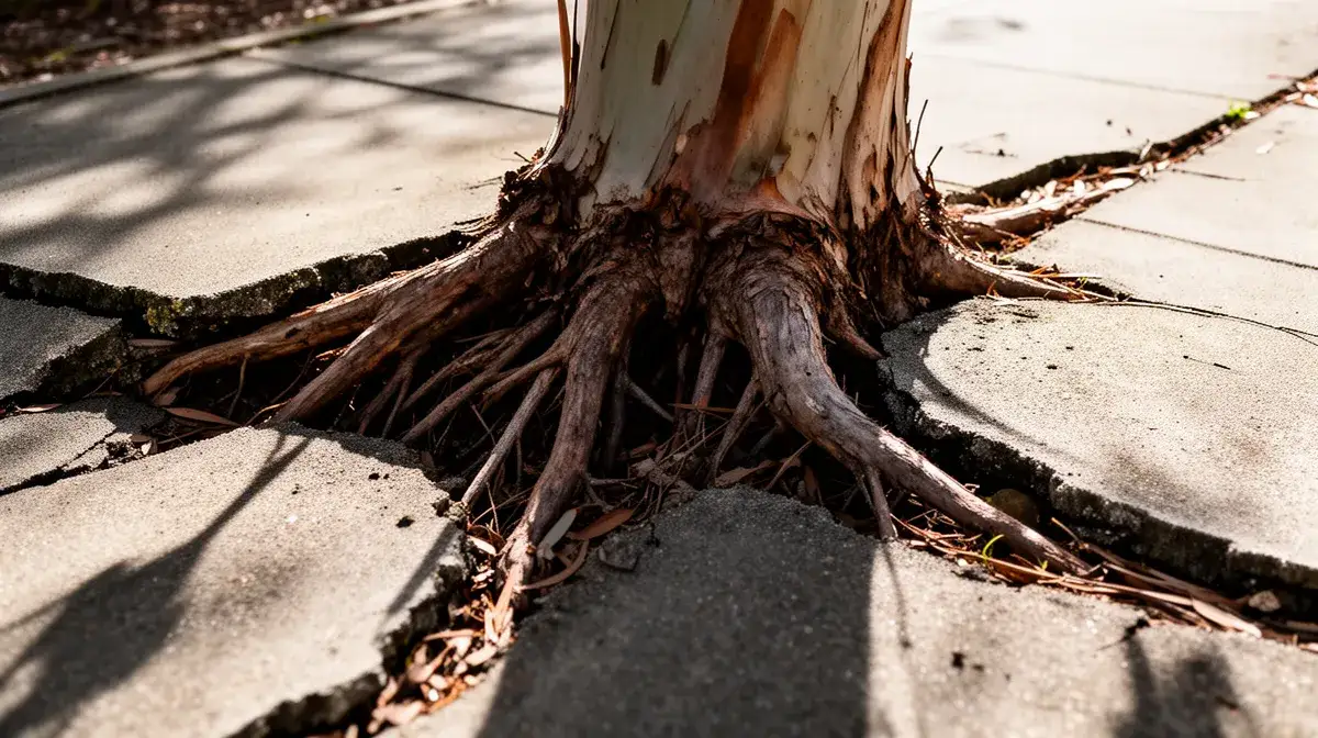 Racines d'eucalyptus gunnii soulevant et fissurant un dallage en béton