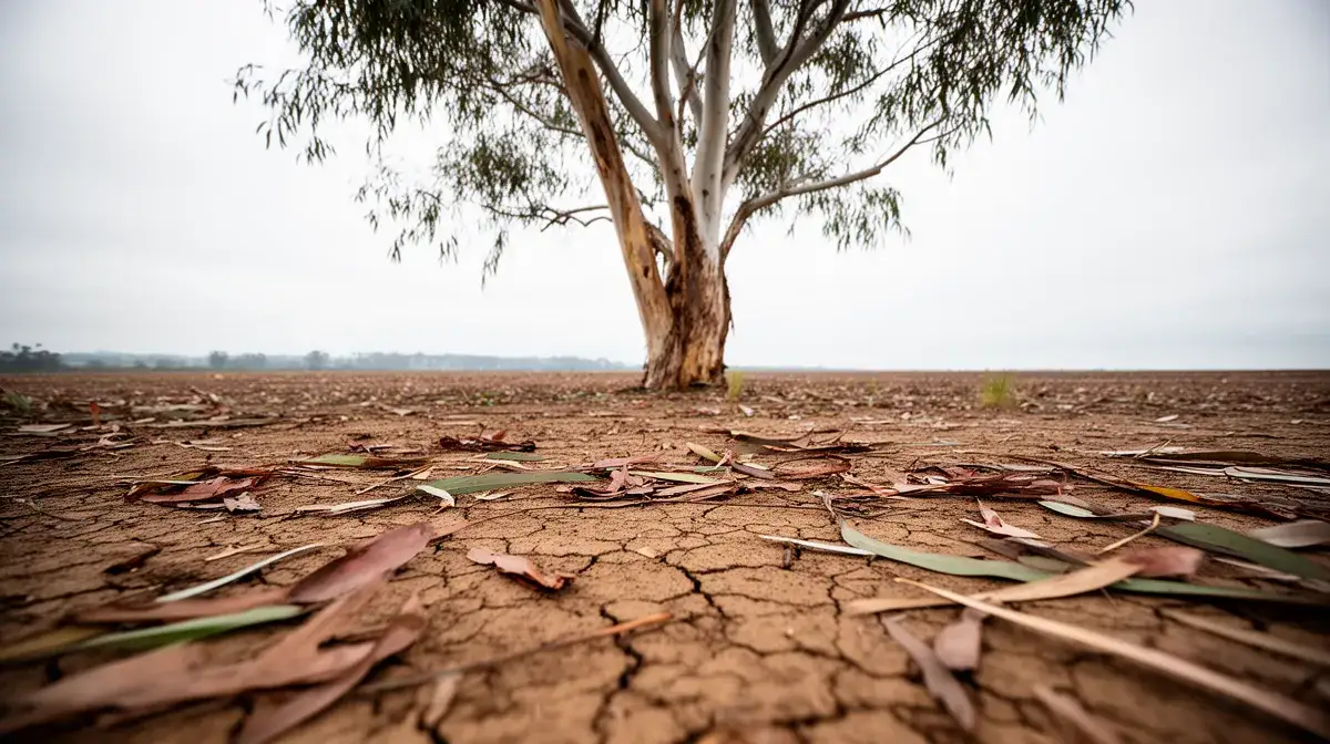 Sol stérile et craquelé sous un eucalyptus gunnii, feuilles mortes au sol