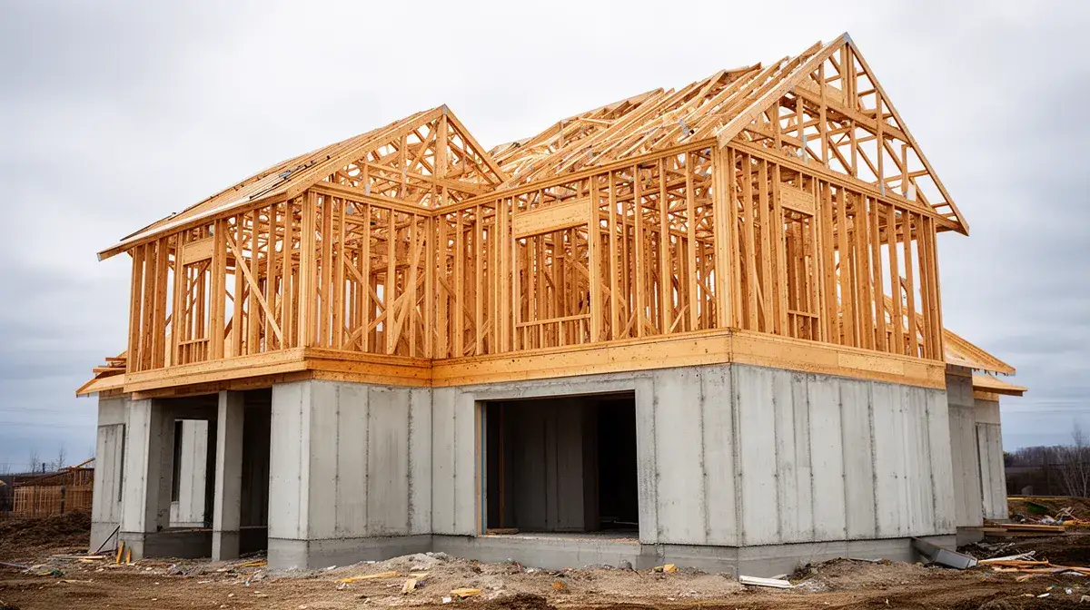 Maison en construction avec structure apparente, illustrant les retards de livraison