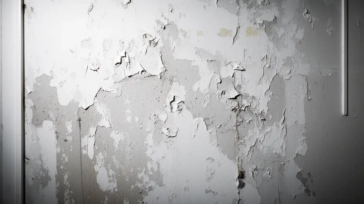 Gros plan sur un mur intérieur mal fini avec peinture écaillée et plâtre irrégulier