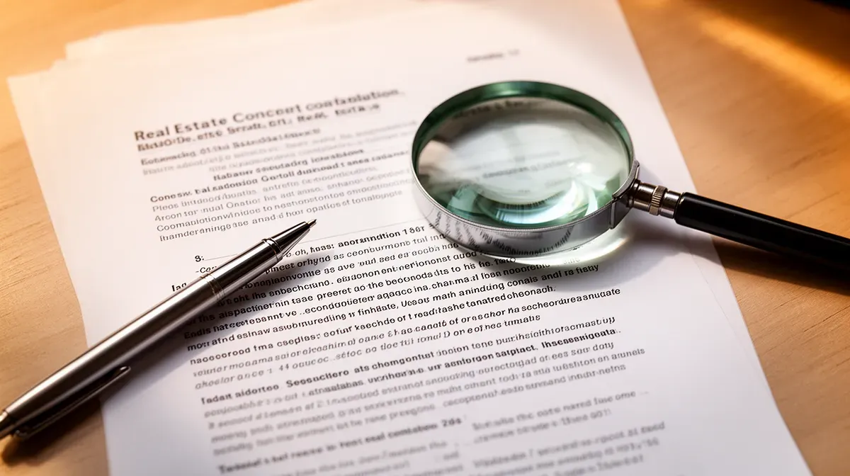 Contrat immobilier avec stylo et loupe, symbolisant les conseils de prudence