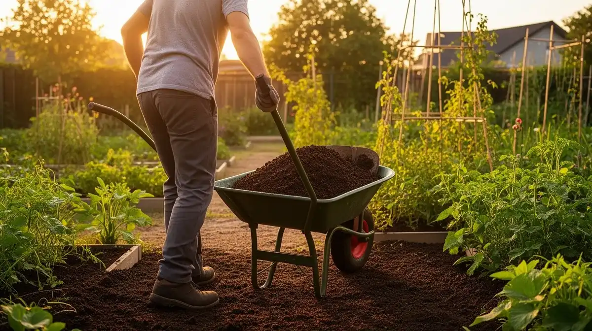Jardinier déplaçant de la terre végétale dans une brouette, alternative économique à l'évacuation