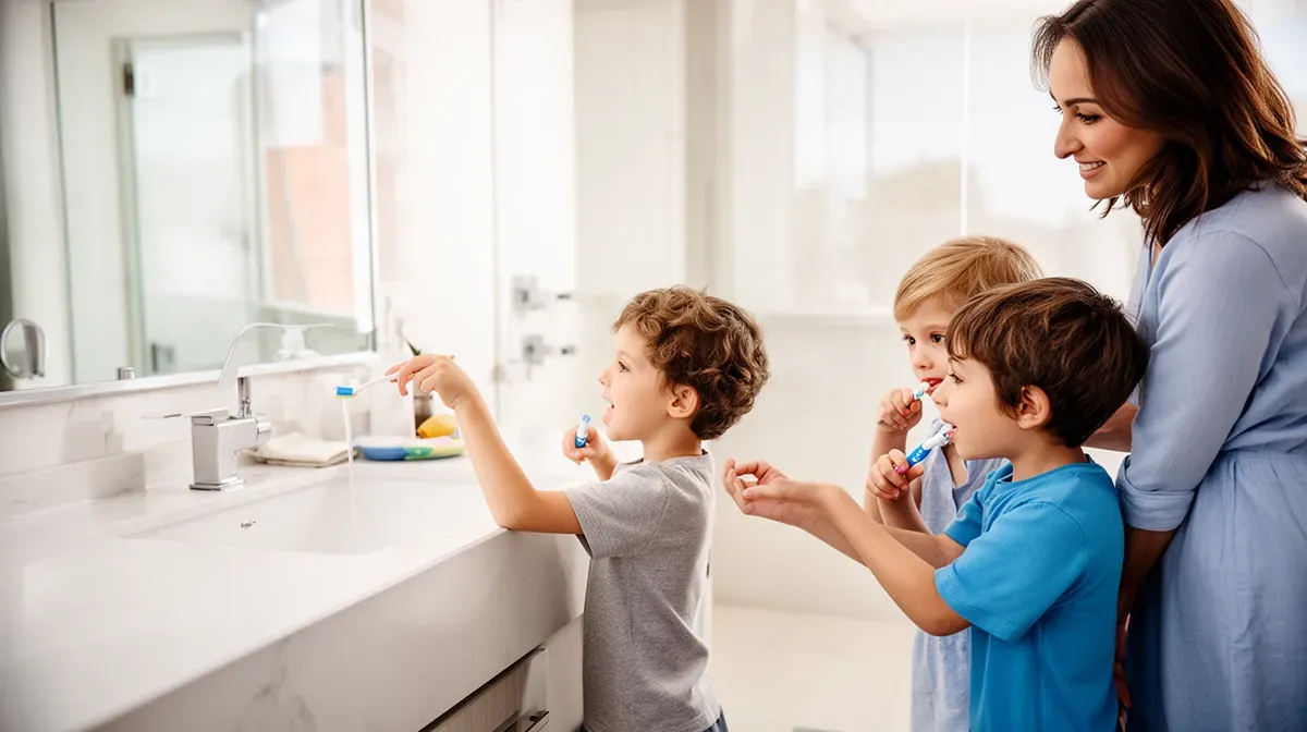 Famille de quatre personnes dans une salle de bain, illustrant les habitudes quotidiennes de consommation d'eau.