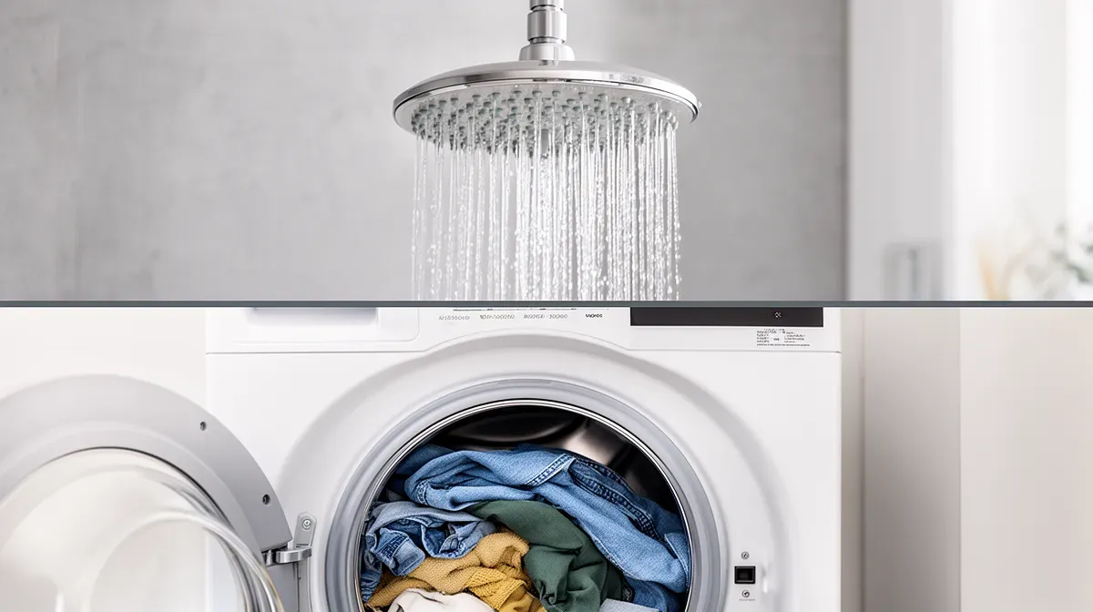 Vue divisée montrant une douche et une machine à laver, illustrant la répartition de la consommation d'eau dans la maison.