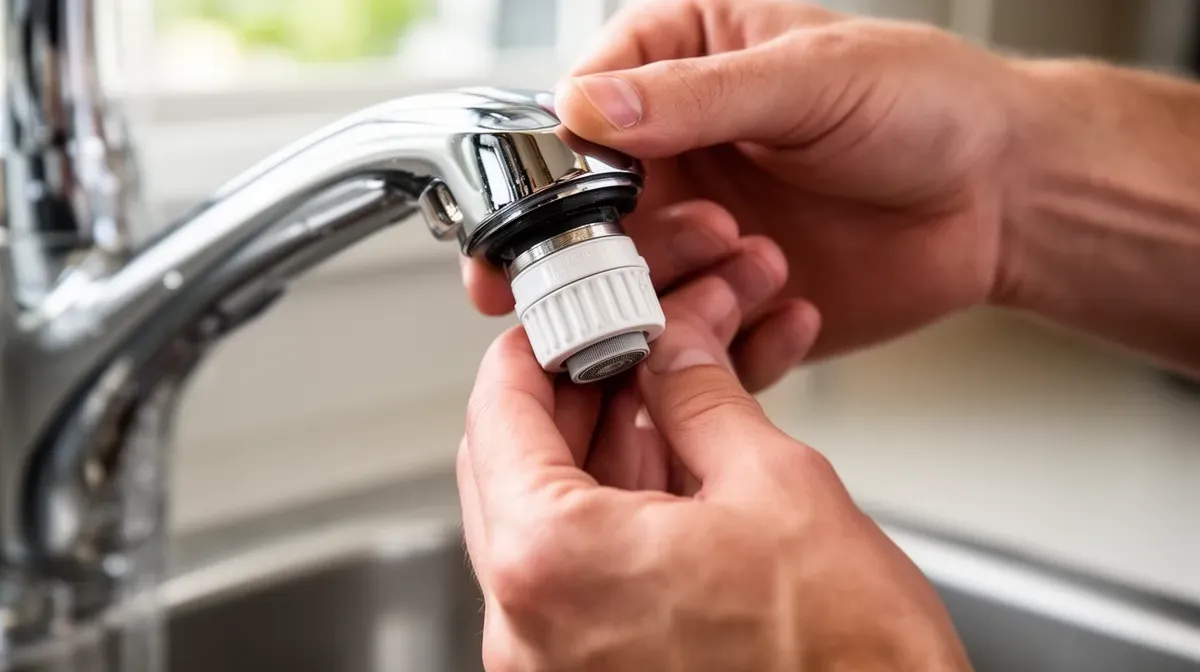 Personne installant un mousseur économique sur un robinet de cuisine, illustrant une action concrète pour réduire la facture d'eau.
