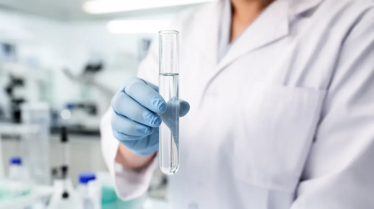 Technicien de laboratoire tenant un tube à essai avec un échantillon d'eau, dans un laboratoire d'analyse