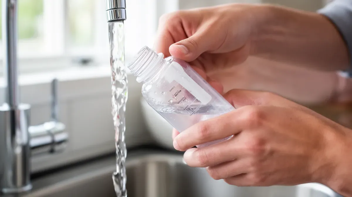 Prélèvement d'un échantillon d'eau du robinet dans un flacon stérile pour analyse
