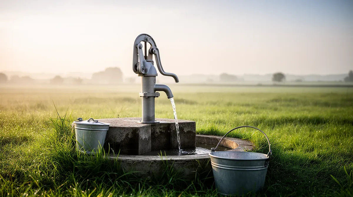 Puits privé avec pompe manuelle dans un cadre rural, illustrant une source d'eau à analyser