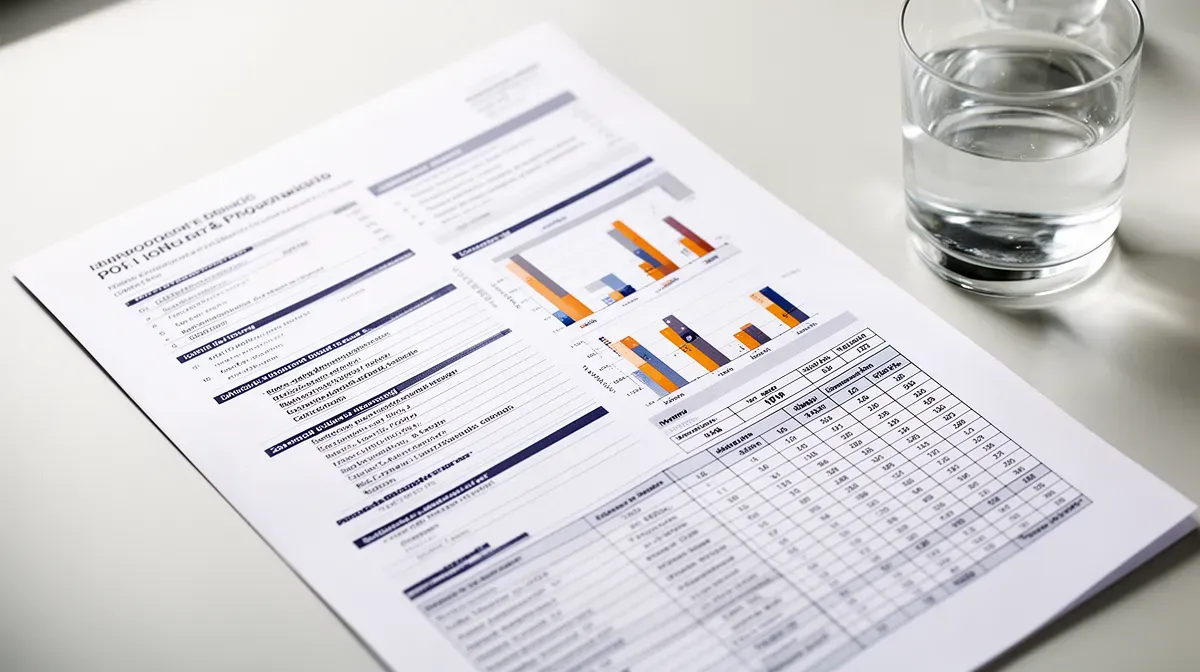 Rapport d'analyse d'eau avec graphiques et tableaux, posé sur un bureau à côté d'un verre d'eau