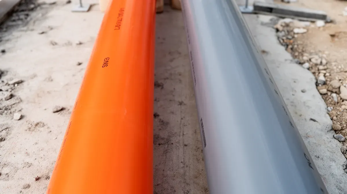 Comparaison entre un tuyau PVC orange et un tuyau PVC gris pour enterrement