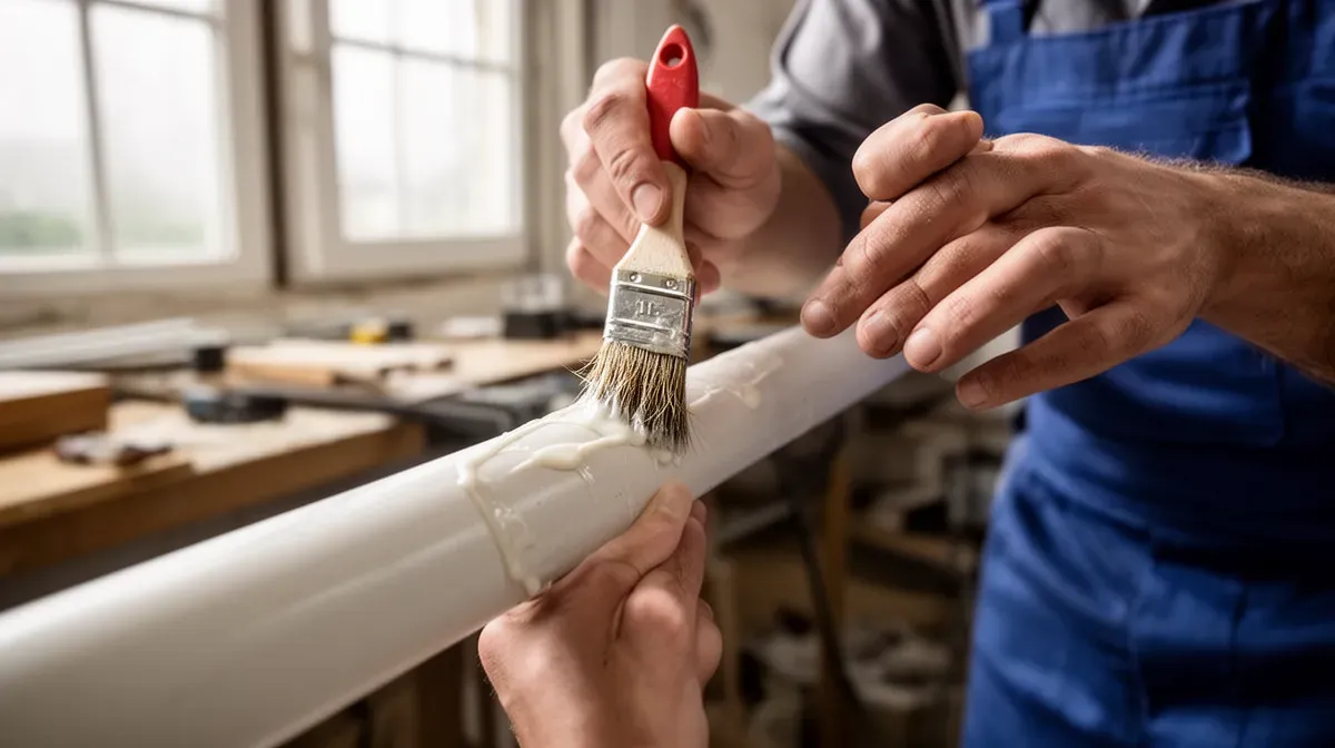 Application de colle sur un tuyau PVC pour assemblage