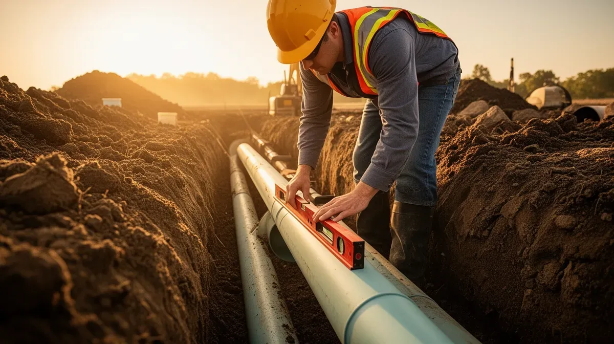 Installation d'un tuyau PVC enterré avec vérification du niveau